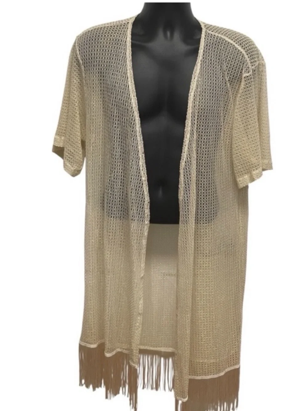 Cream Crochet Swim Cover Up Fringe Kimono Boho Resort OS